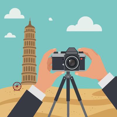 Hands holding vintage camera on tripod capturing Leaning Tower of Pisa flat design illustration