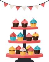 Colorful cupcakes with frosting on three-tier stand under decorative bunting flat design illustration vector
