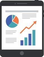 Digital tablet displaying colorful pie chart and bar graph with upward trend in flat design illustration vector