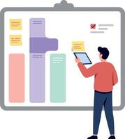 Man in casual clothing analyzing colorful project planning board with sticky notes in flat design illustration vector
