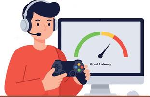 Young man playing games with headset and controller near computer showing latency gauge flat design illustration vector