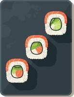 Sushi rolls with salmon and cucumber on dark plate flat design minimal illustration vector