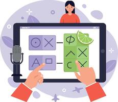 Hands interacting with touchscreen tablet playing tic tac toe game flat digital illustration vector