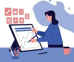 Businesswoman analyzing digital graph on large touchscreen display in modern flat style illustration vector