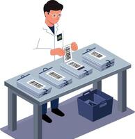 Scientist in white lab coat sorting printed barcode sheets on metal table minimal flat illustration vector