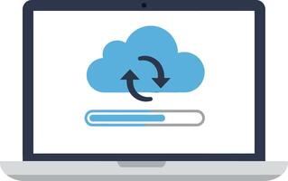 Laptop with cloud synchronization icon and progress bar in flat minimalist style illustration vector