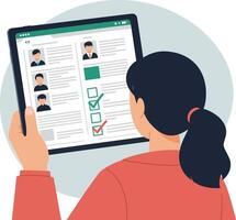 Woman viewing digital tablet with online profiles and checklists flat design illustration vector