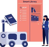Woman interacting with robotic arm and smart library bookshelf in flat modern illustration vector
