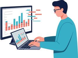 Young man analyzing colorful bar charts on laptop and desktop screens in flat style business illustration vector