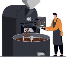 Coffee Roasting Machine with Worker Processing Coffee Beans Illustration vector