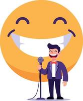 Smiling man singing on microphone with large happy face emoji illustration vector
