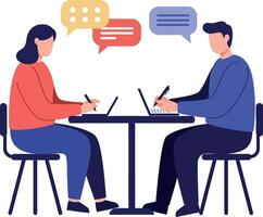 Two people working on laptops at table with speech bubbles flat style illustration vector