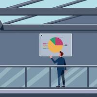 Businessman analyzing colorful pie chart in modern office with glass railing flat design illustration vector