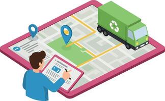 Man planning route with recycling garbage truck on digital map flat design illustration vector