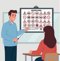 Driving lesson with instructor explaining traffic safety signs in classroom setting illustration vector