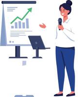 Businesswoman presenting financial growth using chart and microphone in office setting illustration vector