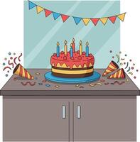 Birthday cake with lit candles on table with party hats and colorful flags flat design illustration vector
