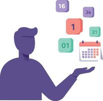 Male figure presenting colorful floating calendar dates in minimal flat style illustration vector