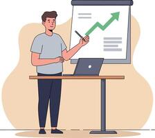Man Presenting Business Growth Chart with Green Arrow and Laptop Illustration vector