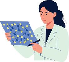 Female scientist studying molecular structure in flat style focused woman with lab coat illustration vector