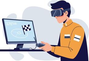 Virtual reality gamer using VR headset playing racing game on computer screen illustration vector