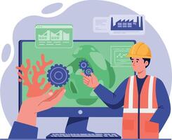Industrial engineer in safety vest and helmet analyzing green factory gears on computer screen flat illustration vector