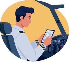 Pilot reading checklist in airplane cockpit illustration with yellow background vector
