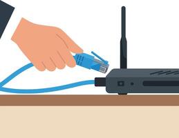 Hand Connecting Ethernet Cable to Wireless Router for Internet Network Setup Illustration vector