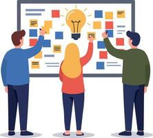 Three people brainstorming with sticky notes on whiteboard flat design collaboration and teamwork illustration vector