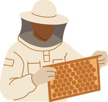 Beekeeper inspecting honeycomb frame in protective suit v vector