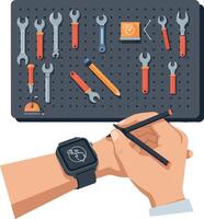 Human hands adjusting smartwatch with toolset wall organized with wrenches and screwdriver flat illustration vector