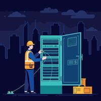 Technician connecting cables to server rack in dark cityscape minimal flat illustration vector