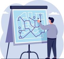 Man analyzing city map on tripod flip chart with pins and routes in flat design illustration vector