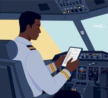 Airline pilot reading checklist in cockpit during flight illustration vector