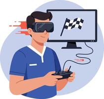 Man using virtual reality headset controlling racing drone with remote illustration vector