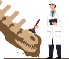 Paleontologist cleaning dinosaur fossil with brush illustration in laboratory environment vector