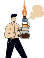 Man carrying stack of coffee cups and pot with rising steam illustration vector