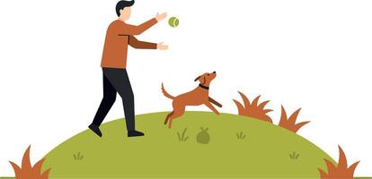 Man playing with energetic dog on grassy hill in minimal flat style illustration vector