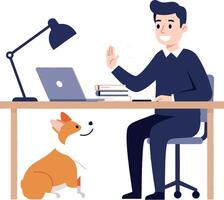 Man Working at Desk with Laptop and Dog Sitting Under Table Illustration vector