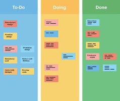 Kanban task management board with colorful sticky notes flat design illustration showing workflow stages and organized project tasks vector
