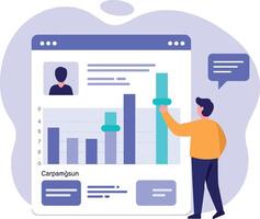 Man analyzing business data charts and profiles in flat style digital dashboard illustration vector