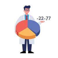 Male scientist holding colorful pie chart infographic with data points and glasses illustration vector