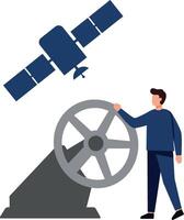 Man operating gray telescope with satellite orbiting above in minimal flat illustration vector