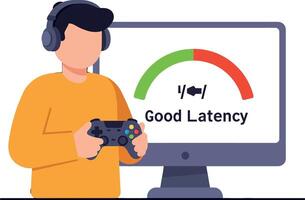 Young man gaming with headphones playing game controller flat style digital latency illustration vector