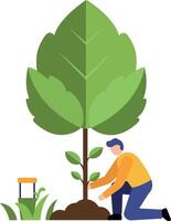 Man Planting Tree Symbolizing Environmental Care and Growth in Green Nature Scene vector