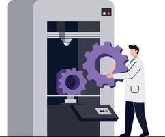 Technician in white coat operating large machine with purple gears flat style illustration vector
