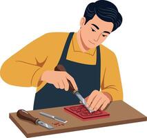 Man carving wood with chisel and mallet on wooden table illustration vector