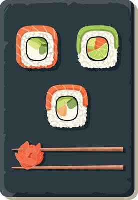 Sushi rolls with chopsticks on dark serving plate flat style Japanese food illustration