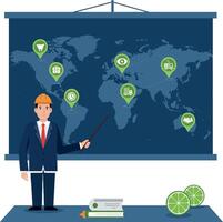 Businessman in suit and helmet pointing at global map with location markers flat design illustration vector