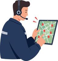 Male customer support agent using digital tablet with headset flat design art vector